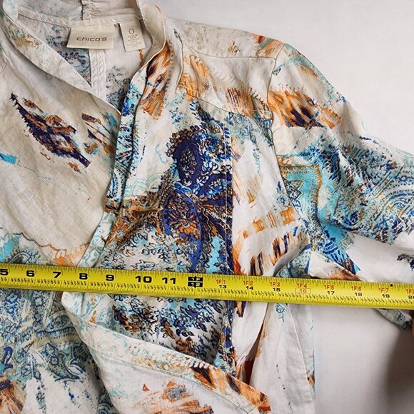 Chicos Women’s Cardigan Size 0 XS White Multi Abstract Open Front Chiffon Dolman - Picture 11 of 13